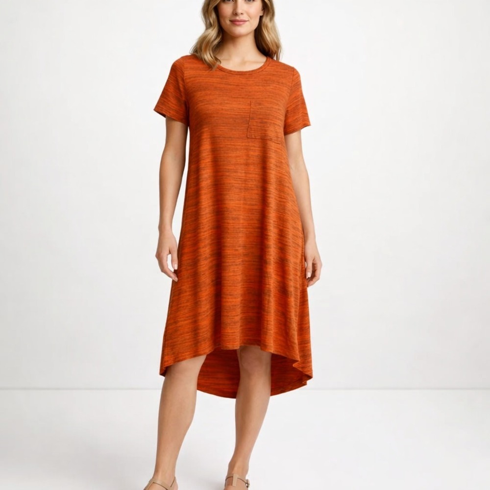 LuLaRoe Carly Swing Dress XS Orange Gray Heathered Pocket High Low Casual